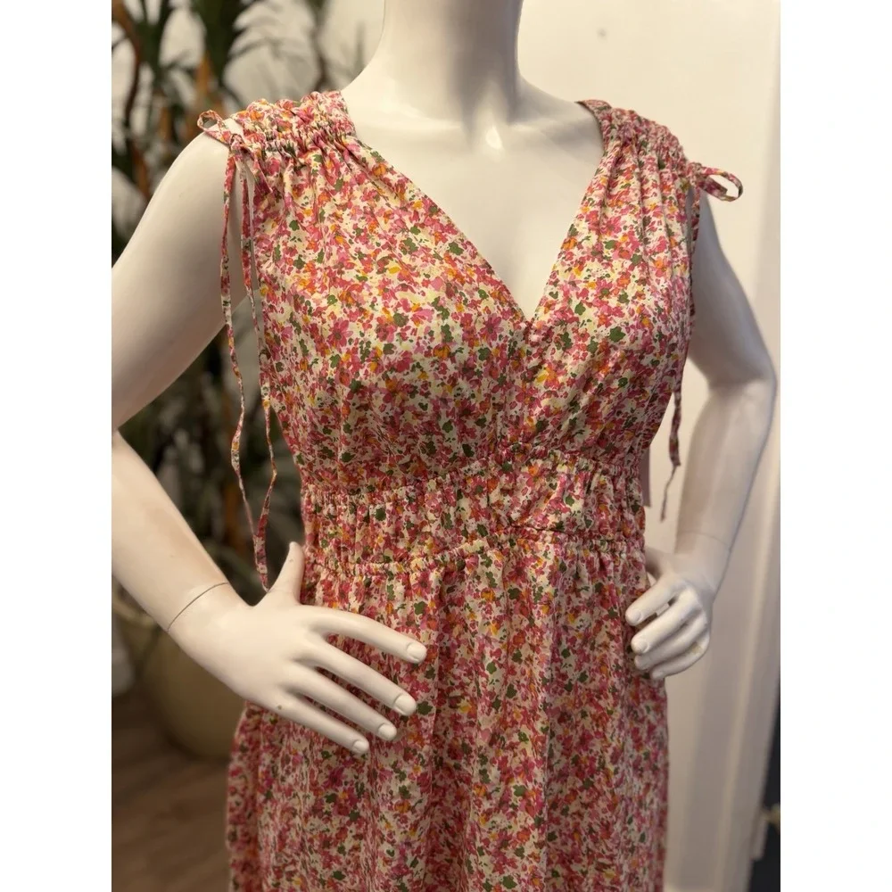 NEW Time & Tru Ditsy Tie Sleeve Mini Dress L 12 Prairie Cottagecore Boho Peasant